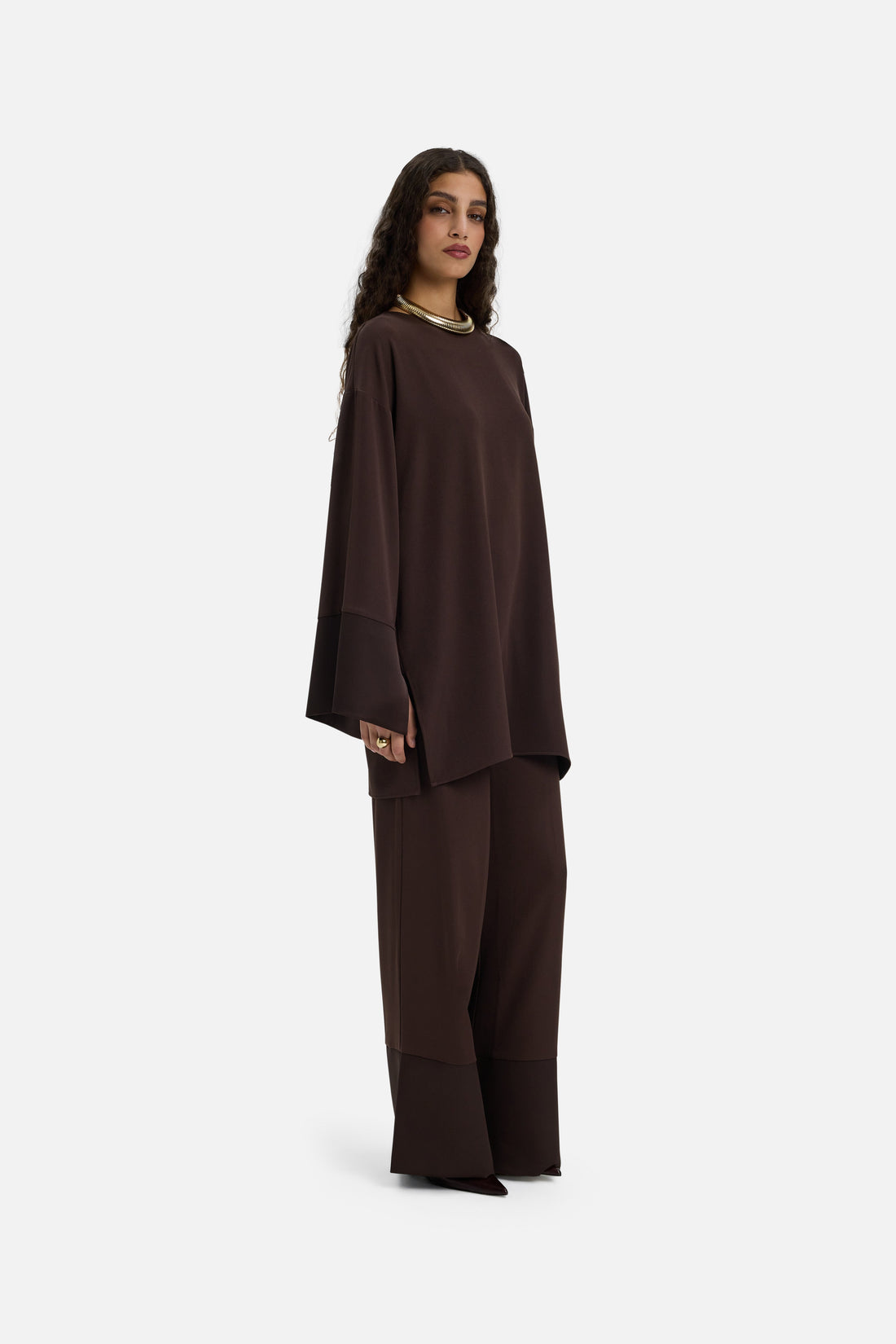 Satijnen Blouse met Bies | Donkerbruin